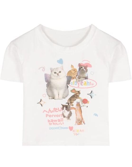 地雷系チビ猫プリントTシャツ