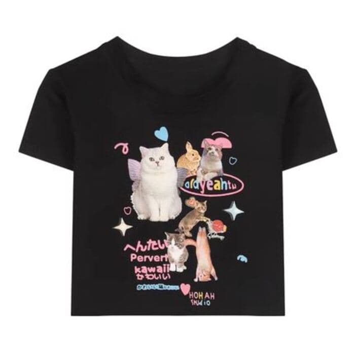 地雷系チビ猫プリントTシャツ