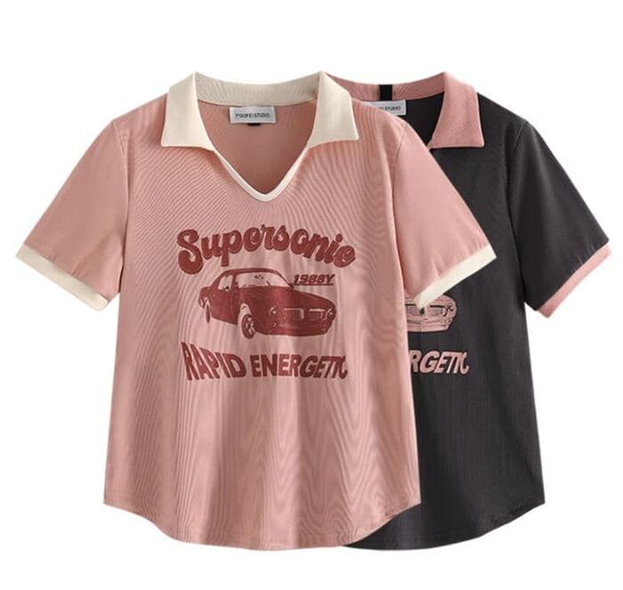 レトロ風ポロネック 地雷系Tシャツ