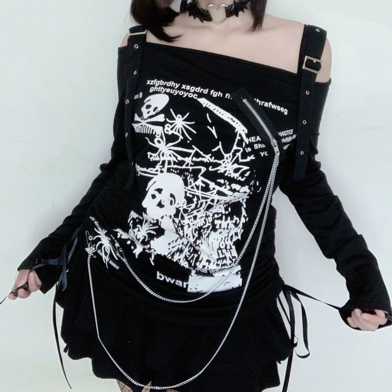 地雷系 肩開きベルト付きドクロ蜘蛛プリント長袖Tシャツ