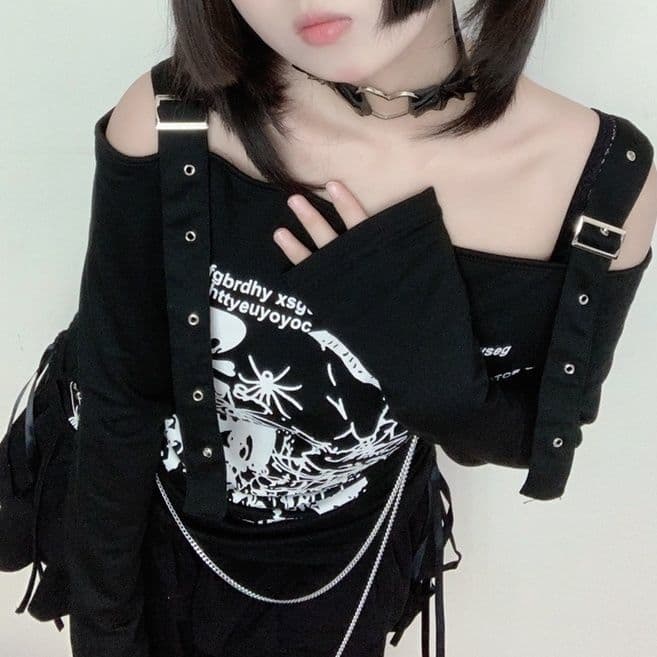 地雷系 肩開きベルト付きドクロ蜘蛛プリント長袖Tシャツ