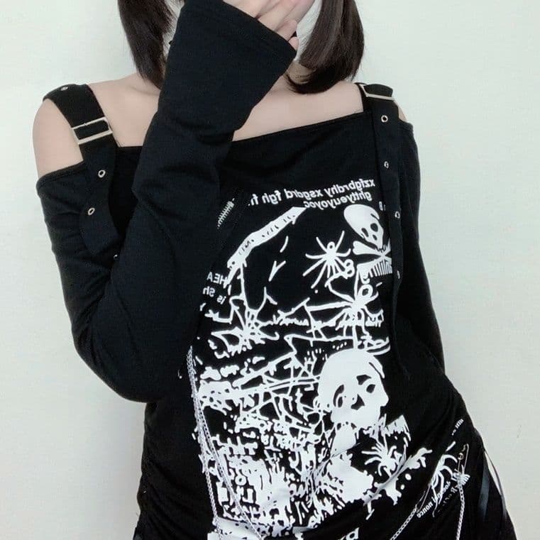 地雷系 肩開きベルト付きドクロ蜘蛛プリント長袖Tシャツ