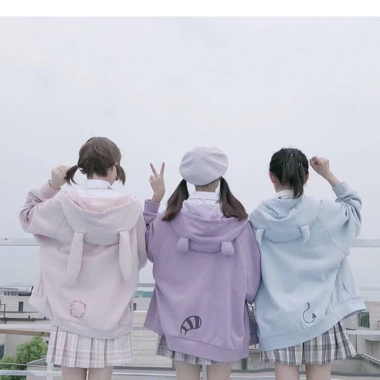 地雷系ファッション パステルラビットフードパーカー