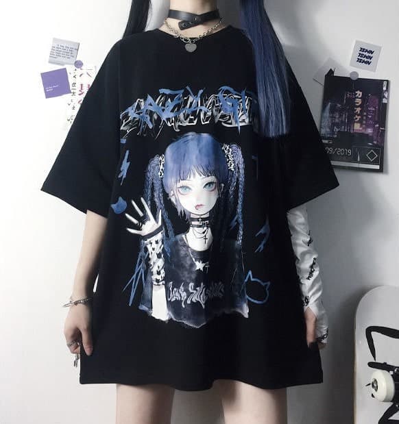 地雷系ファッション オーバーサイズプリントTシャツ