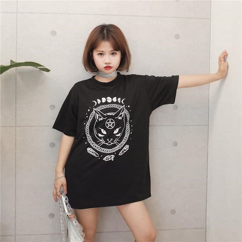 地雷系ファッションミステリアスキャットTシャツ