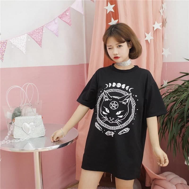 地雷系ファッションミステリアスキャットTシャツ
