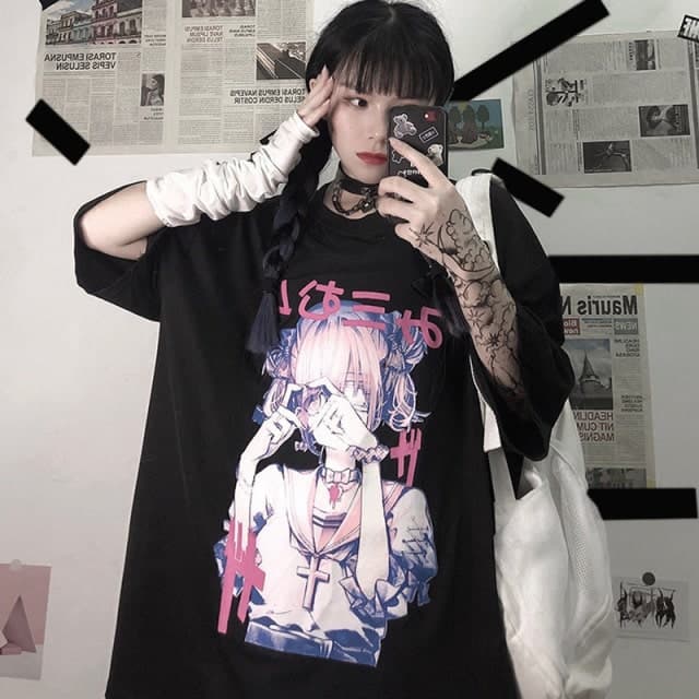 地雷系ファッション原宿風女の子プリントTシャツ