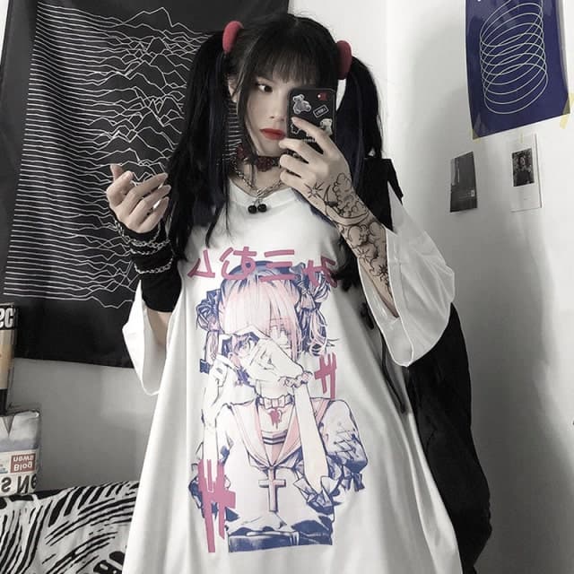 地雷系ファッション原宿風女の子プリントTシャツ