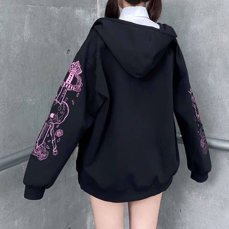 地雷系ファッションピンクスカルプリントパーカー