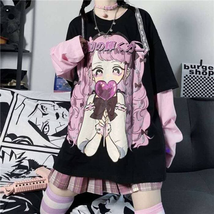 地雷系パッチワーク長袖漫画プリントロングTシャツ