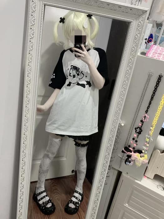 ゴスロリキャラクター地雷系プリントTシャツ