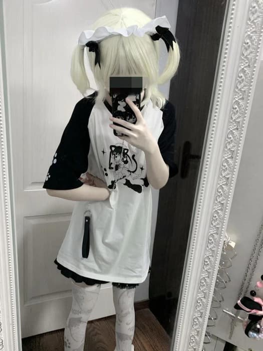 ゴスロリキャラクター地雷系プリントTシャツ