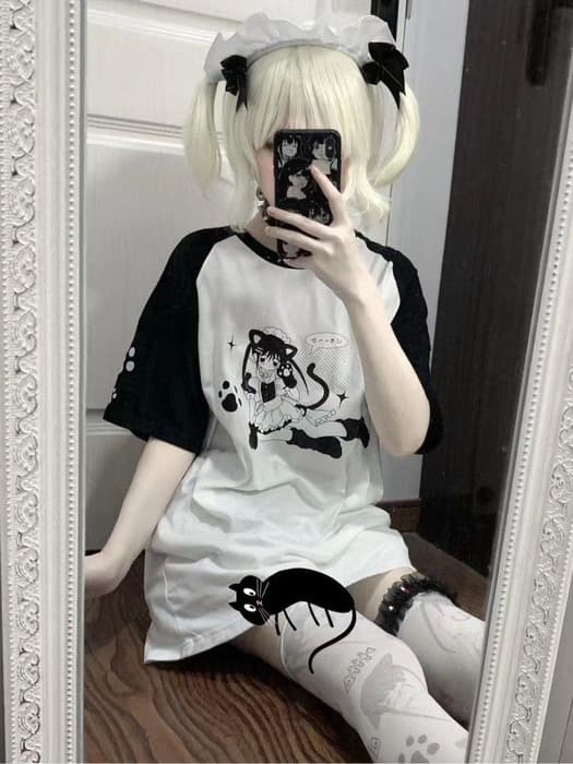 ゴスロリキャラクター地雷系プリントTシャツ
