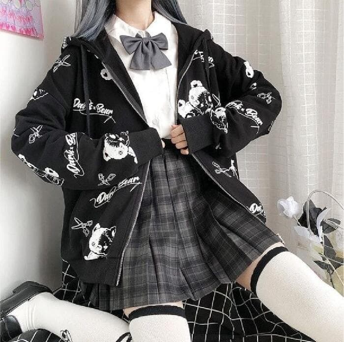 地雷系ファッション モノクロクマアウターパーカー