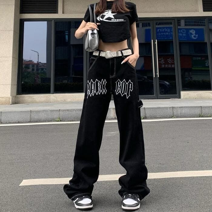 地雷系レディースズボンルーズフィットジーンズ