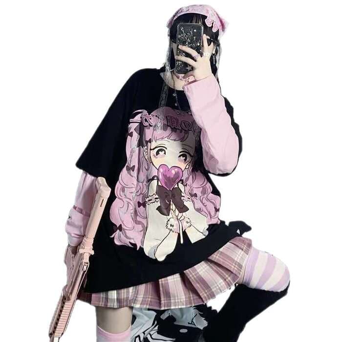 地雷系パッチワーク長袖漫画プリントロングTシャツ