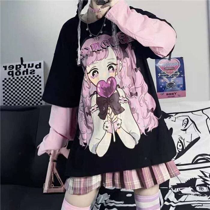 地雷系パッチワーク長袖漫画プリントロングTシャツ