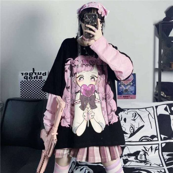地雷系パッチワーク長袖漫画プリントロングTシャツ