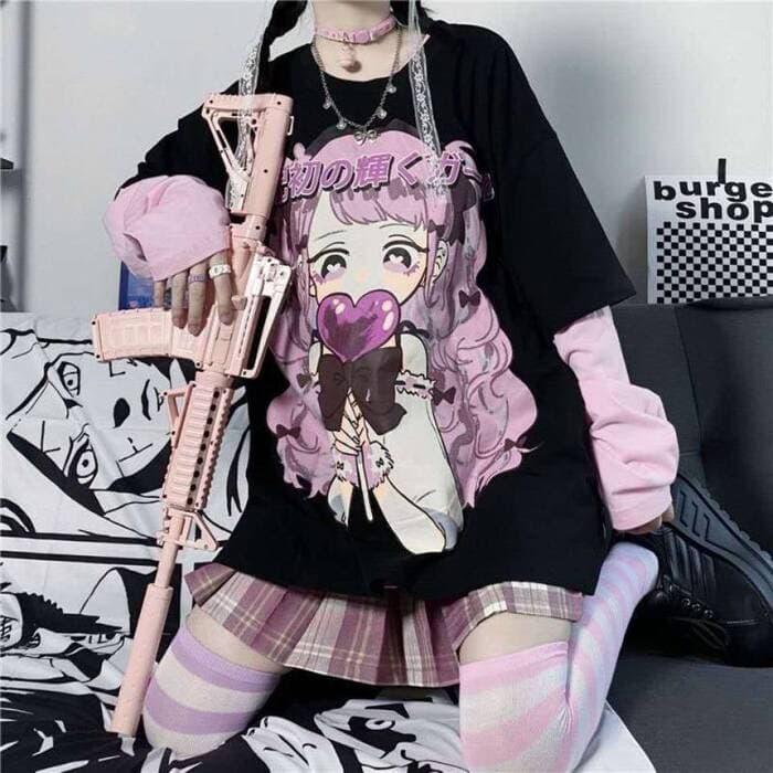 地雷系パッチワーク長袖漫画プリントロングTシャツ