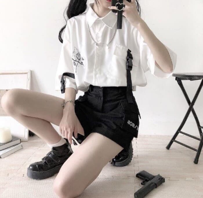 地雷系ファッション ルーズグレーシャツブラウス