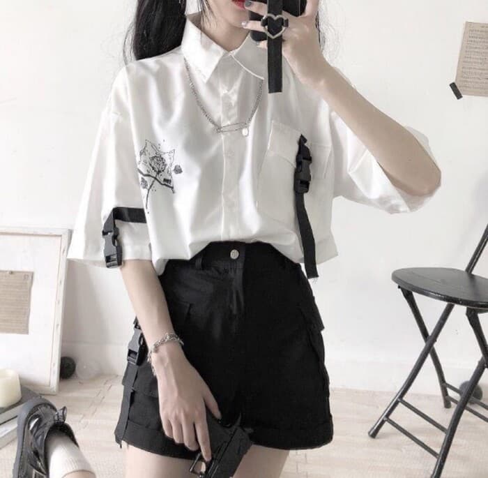 地雷系ファッション ルーズグレーシャツブラウス