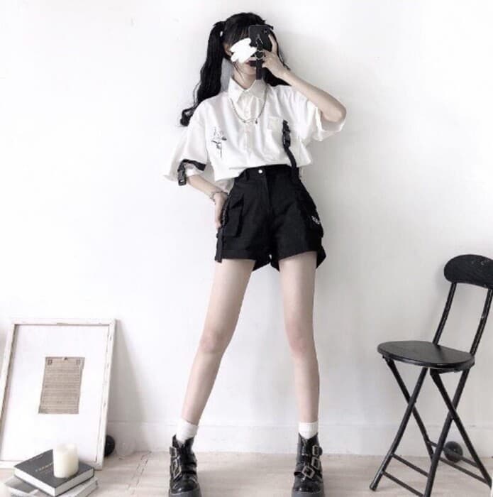 地雷系ファッション ルーズグレーシャツブラウス