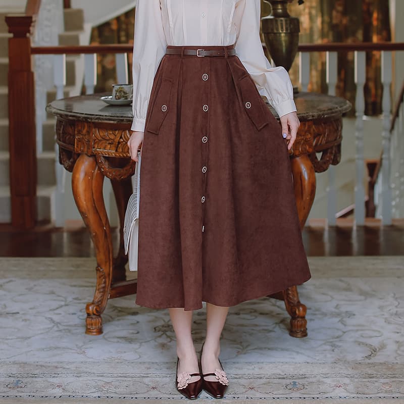 地雷系ファッション ベルト付きひざ下丈シンプルスカート