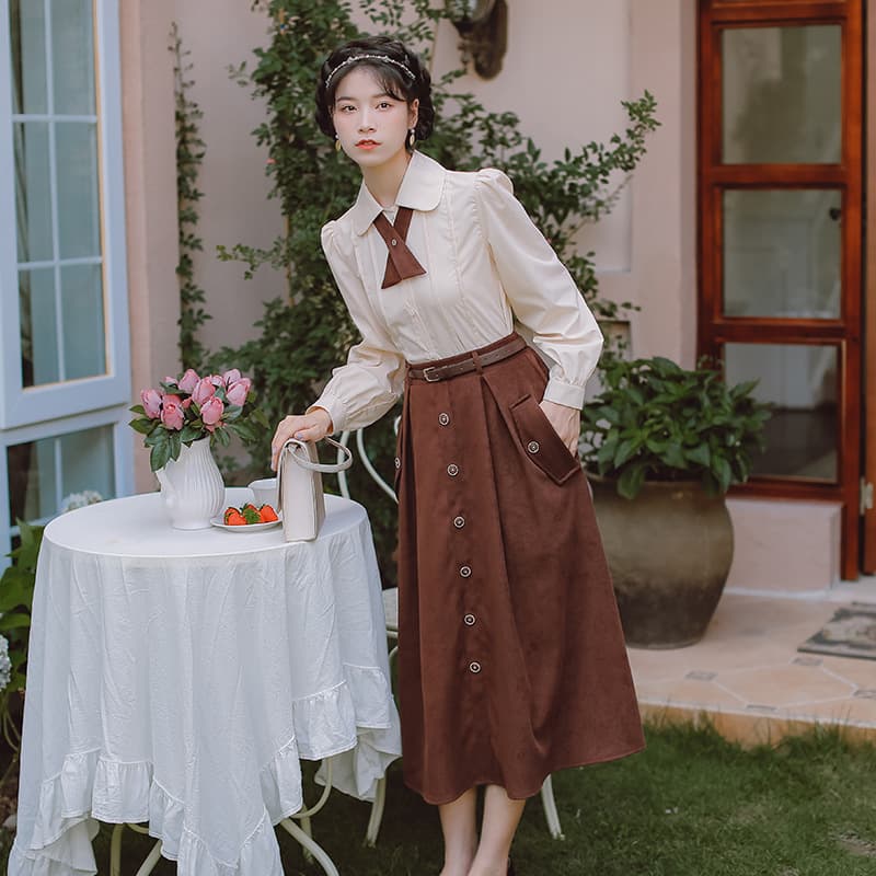 地雷系ファッション ベルト付きひざ下丈シンプルスカート