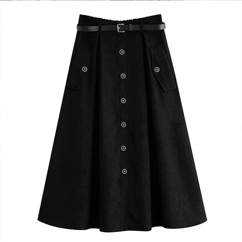 地雷系ファッション ベルト付きひざ下丈シンプルスカート