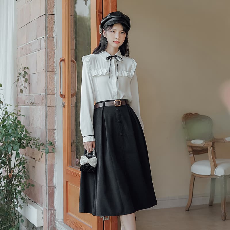 地雷系ファッション 長袖フリルブラウス+スカートセット