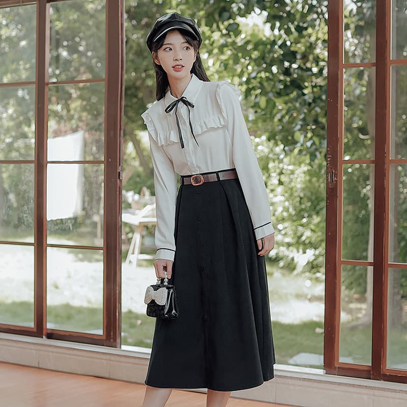 地雷系ファッション 長袖フリルブラウス+スカートセット