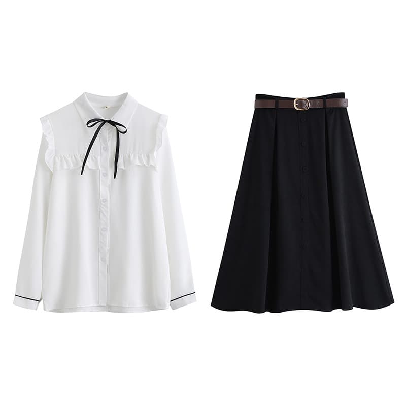 地雷系ファッション 長袖フリルブラウス+スカートセット
