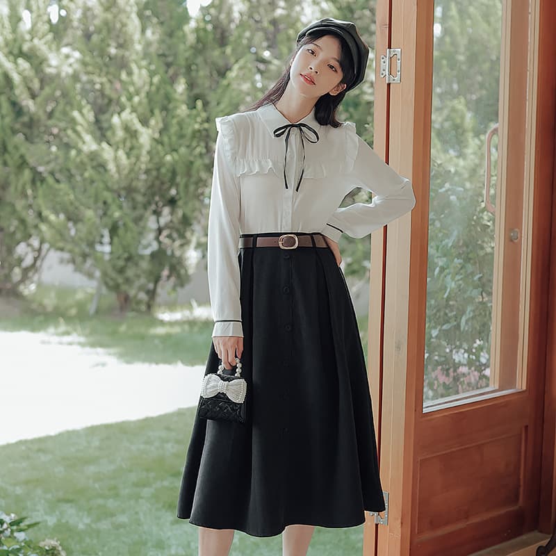 地雷系ファッション 長袖フリルブラウス+スカートセット