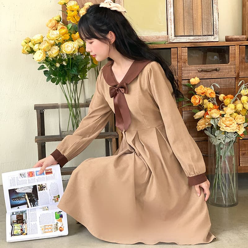 地雷系ファッション 襟付きリボンミドル丈ワンピース