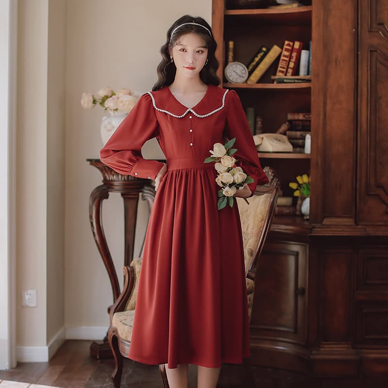 地雷系ファッションワンピース エレガントなパールラペルドレス