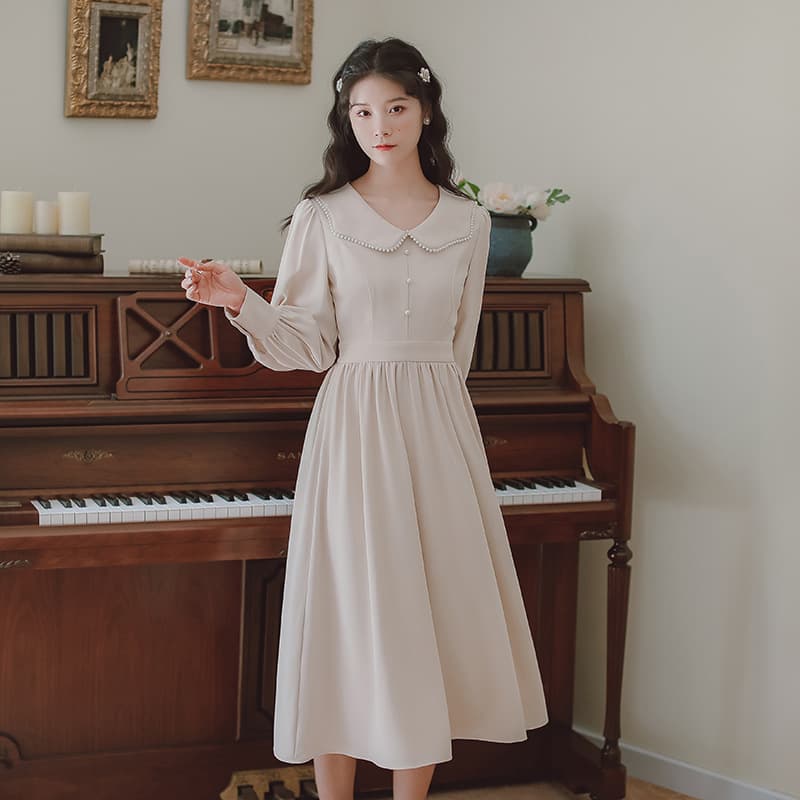 地雷系ファッションワンピース エレガントなパールラペルドレス