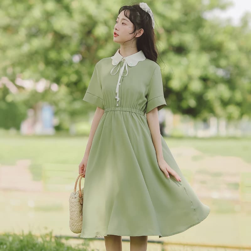 地雷系ファッション半袖ワンピース リボン付きお嬢様ワンピース