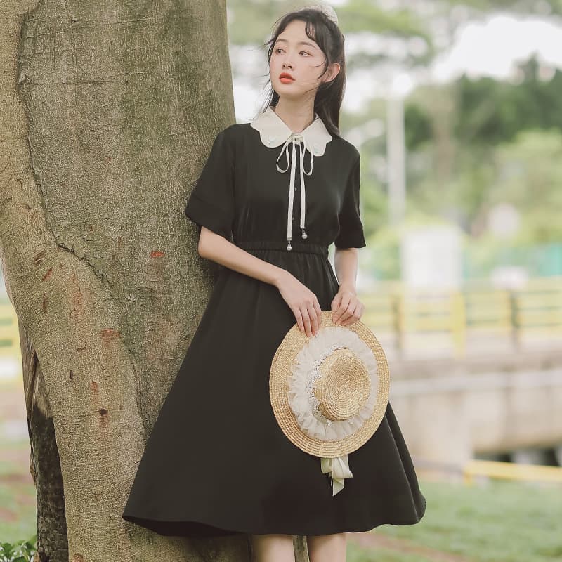 地雷系ファッション半袖ワンピース リボン付きお嬢様ワンピース