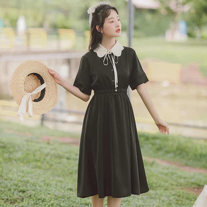 地雷系ファッション半袖ワンピース リボン付きお嬢様ワンピース