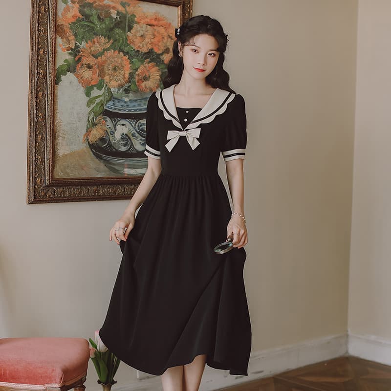 地雷系ファッションワンピース フランス風襟付きドレス