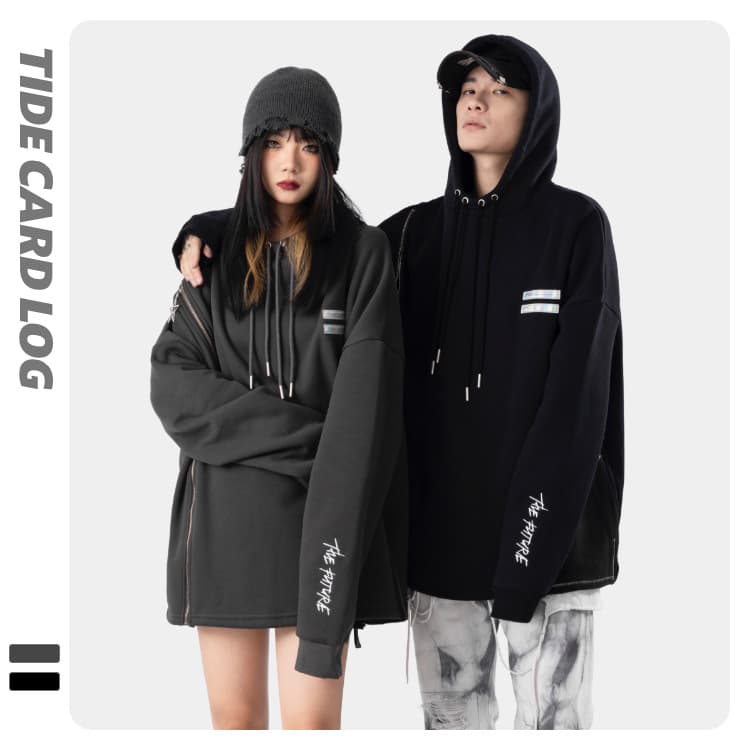 地雷系ファッション ジッパーステッチフード付きパーカー