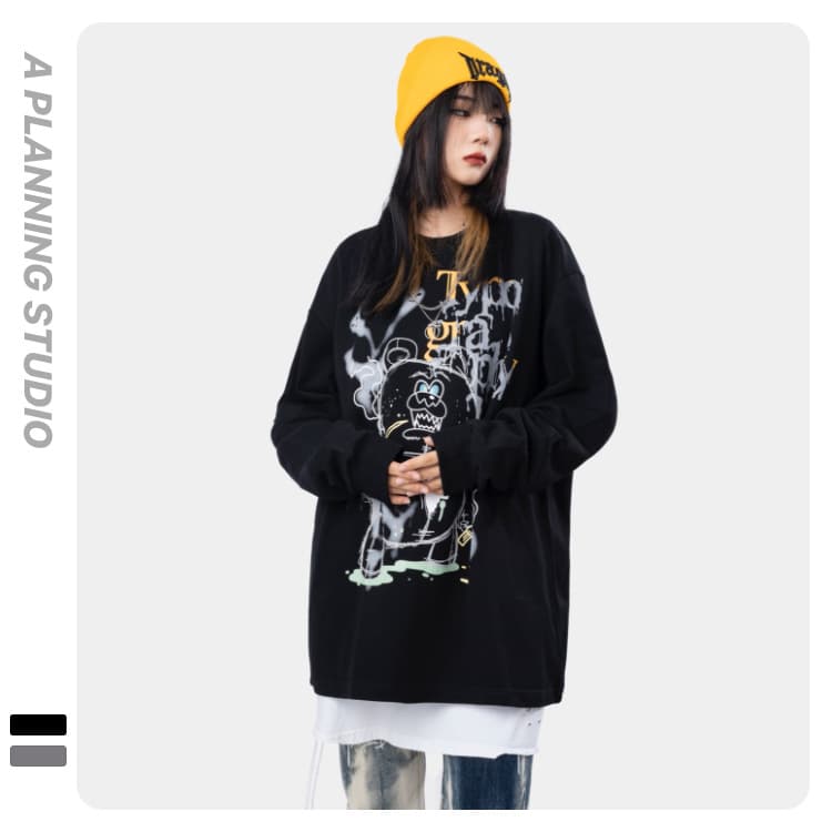 地雷系ファッション ラウンドネックルーズ長袖Tシャツ