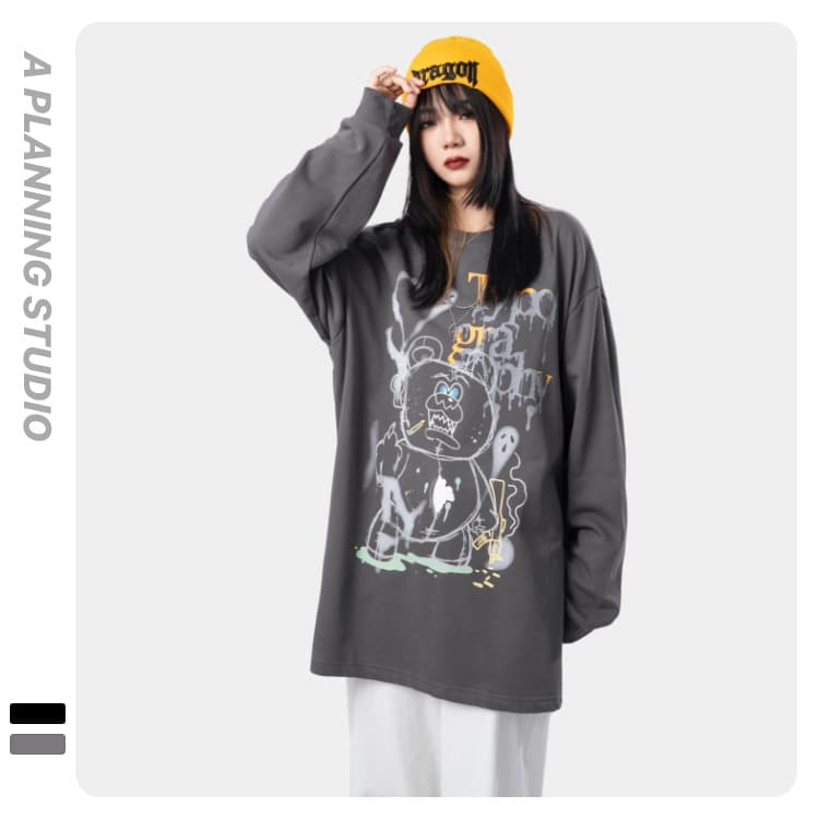 地雷系ファッション ラウンドネックルーズ長袖Tシャツ