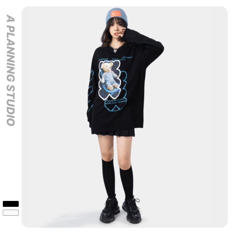 地雷系ファッション ルーズラウンドネックプルオーバーTシャツ