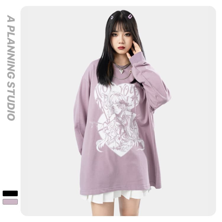 地雷系ファッション 漫画の女の子プリント長袖Tシャツ