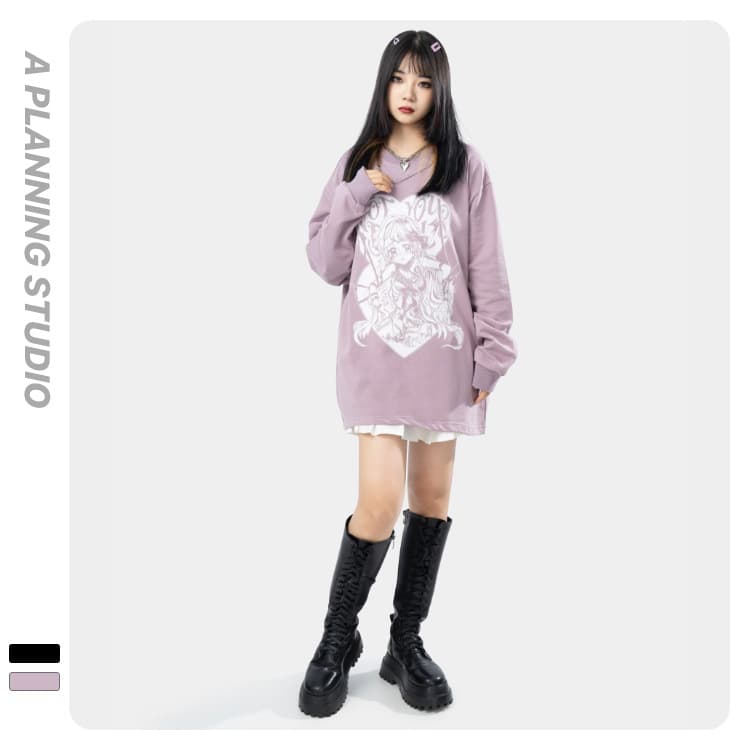地雷系ファッション 漫画の女の子プリント長袖Tシャツ