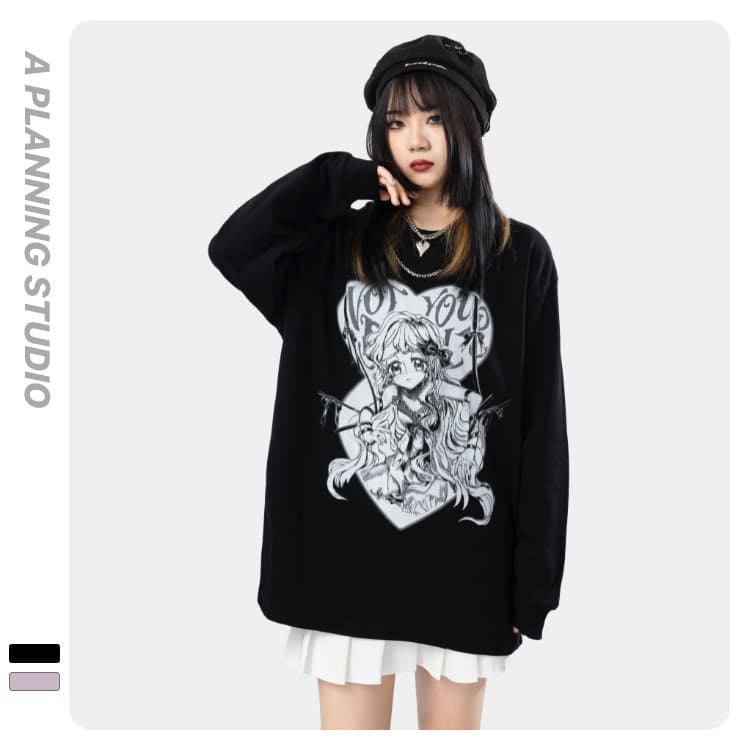 地雷系ファッション 漫画の女の子プリント長袖Tシャツ