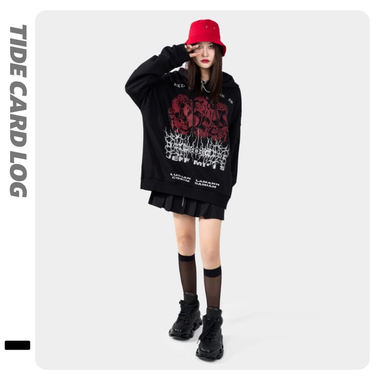 地雷系ファッション ダークロックフード付きルーズパーカー