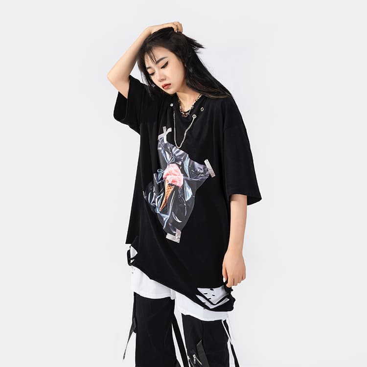 地雷系ファッション アイスクリームステッカープリントルーズTシャツ