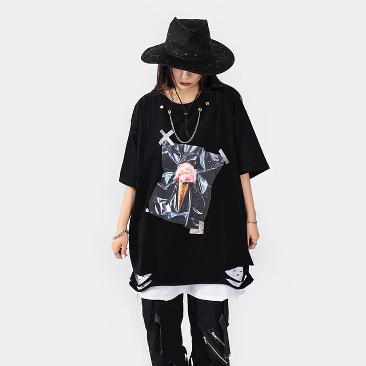 地雷系ファッション アイスクリームステッカープリントルーズTシャツ